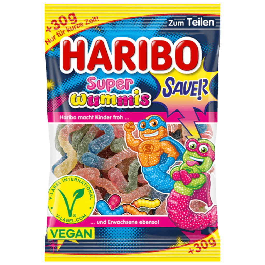 Haribo Super Wummis Sauer snoep, vegan gummisnoep in kleurrijke verpakking, te koop bij ThiesCandyz.