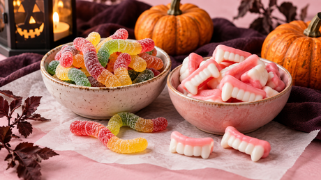 Snoepwormen en Dracula-tanden in schaaltjes met Halloween-decoratie