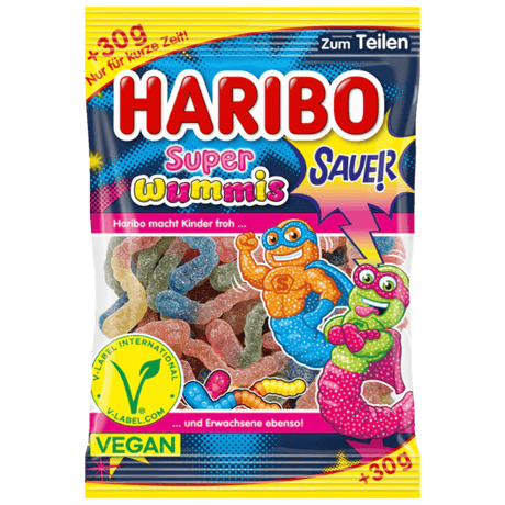 Haribo Super Wummis Sauer snoep, vegan gummisnoep in kleurrijke verpakking, te koop bij ThiesCandyz.