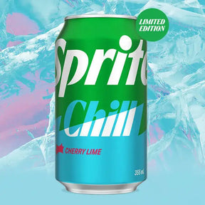 Sprite Chill Cherry Lime limited edition frisdrank blik, Amerikaans, op ijsachtergrond